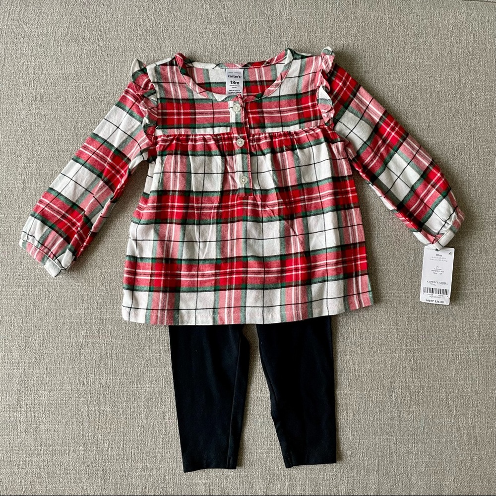 Toddler girl Carter’s holiday flannel shirt and leggings set.